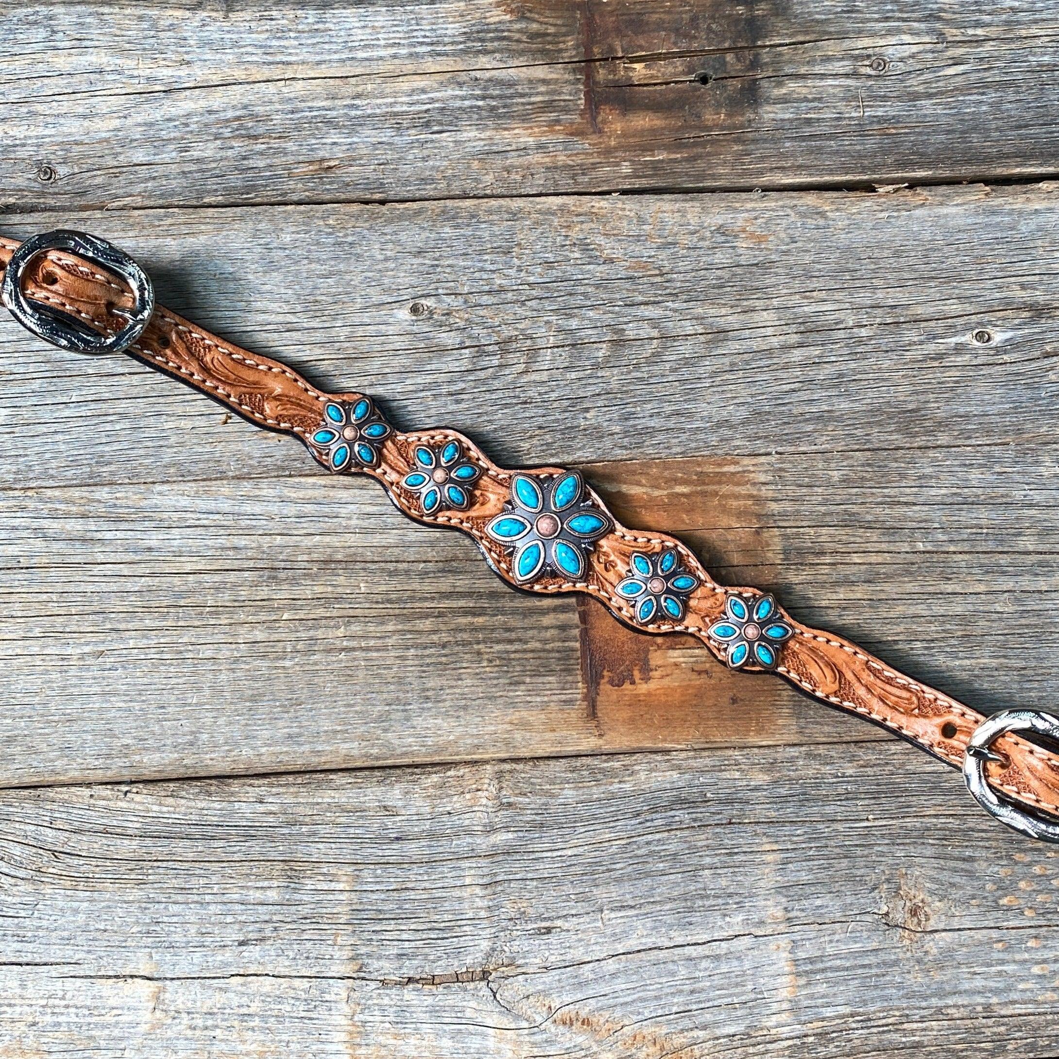 Light Floral Turquoise Browband/One Ear Tack Set with Wither Strap #BBBC469 - RODEO DRIVE