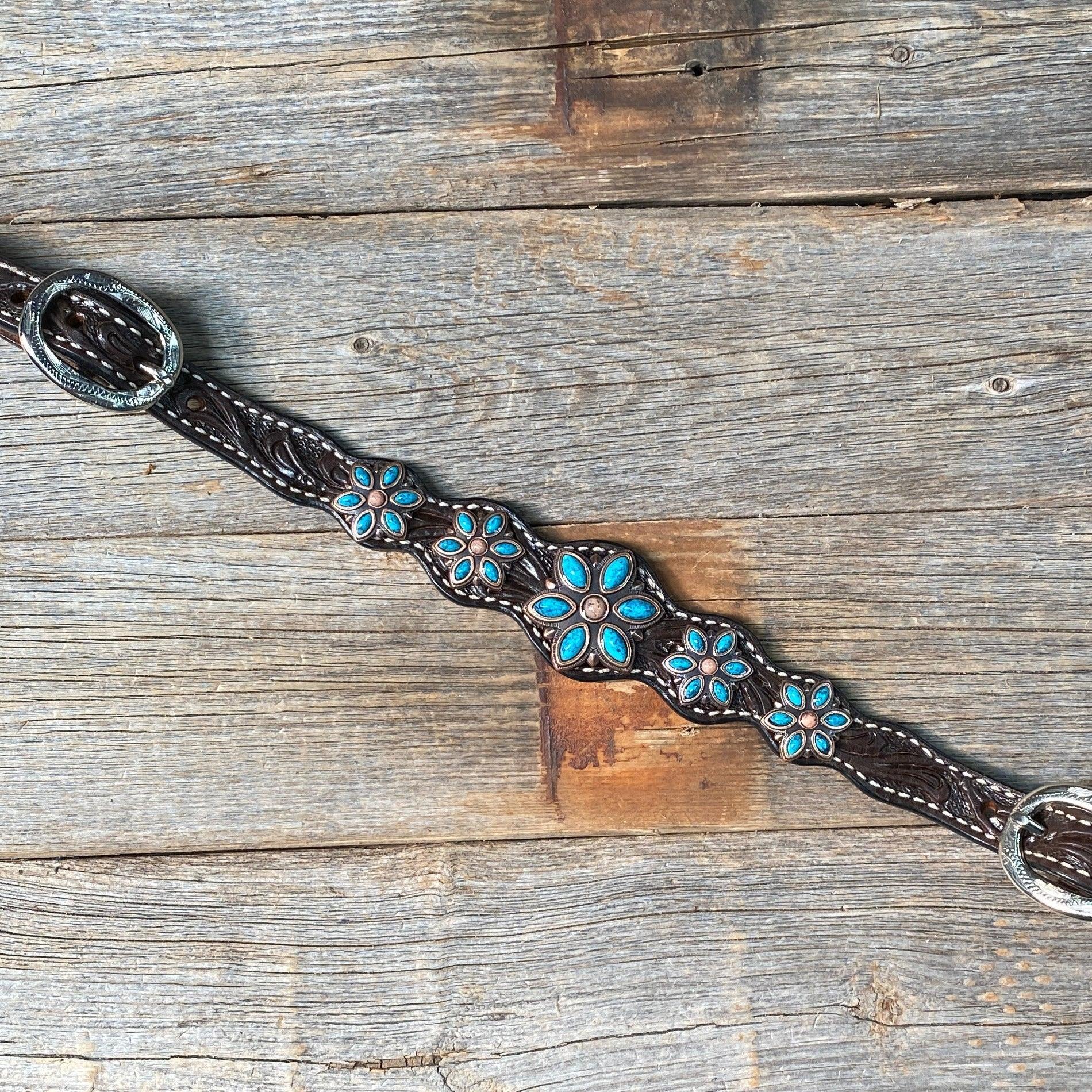 Dark Floral Turquoise Browband/One Ear Tack Set with Wither Strap #BBBC465 - RODEO DRIVE