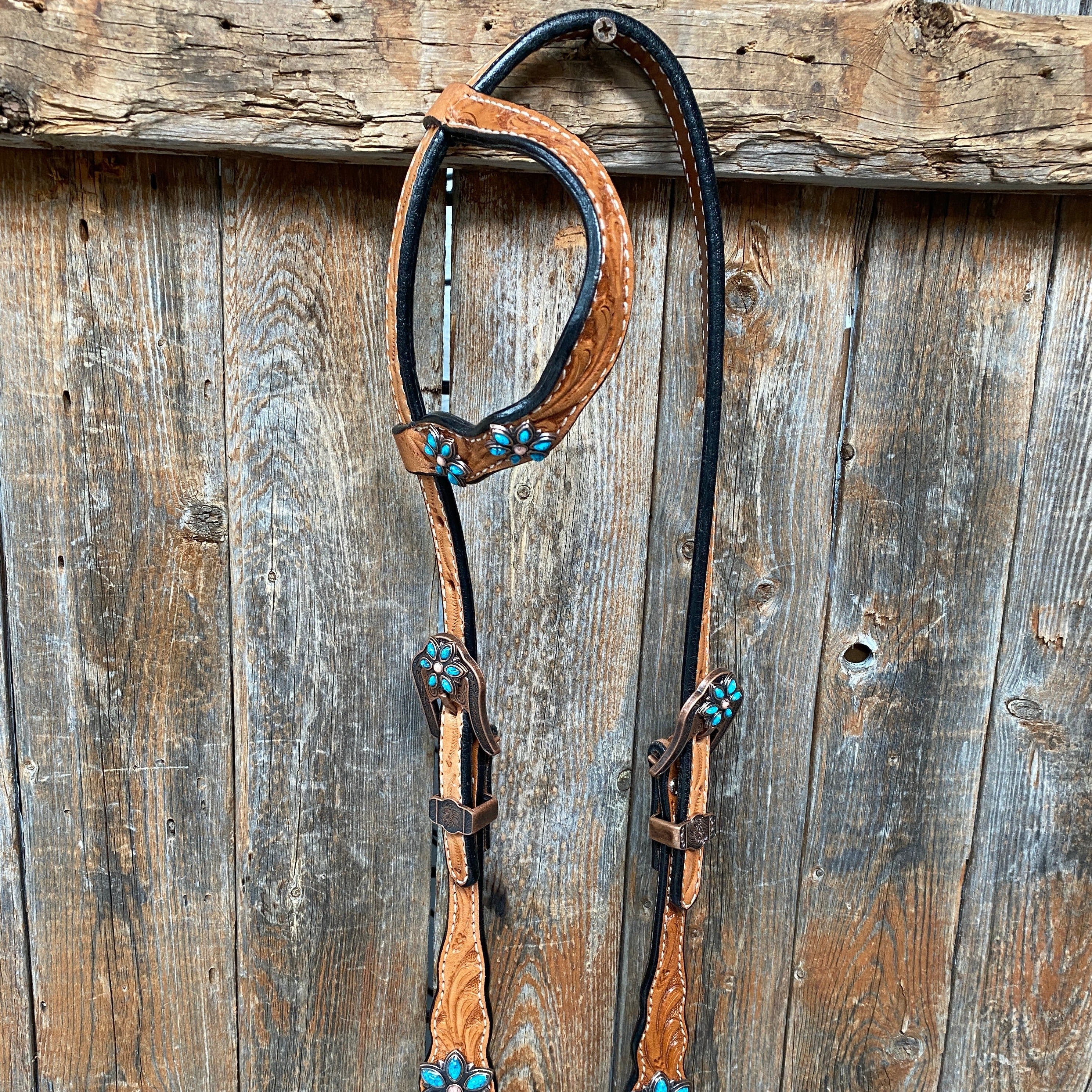 Light Floral Turquoise Browband/One Ear Tack Set with Wither Strap #BBBC469 - RODEO DRIVE