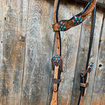 Light Floral Turquoise Browband/One Ear Tack Set with Wither Strap #BBBC469 - RODEO DRIVE