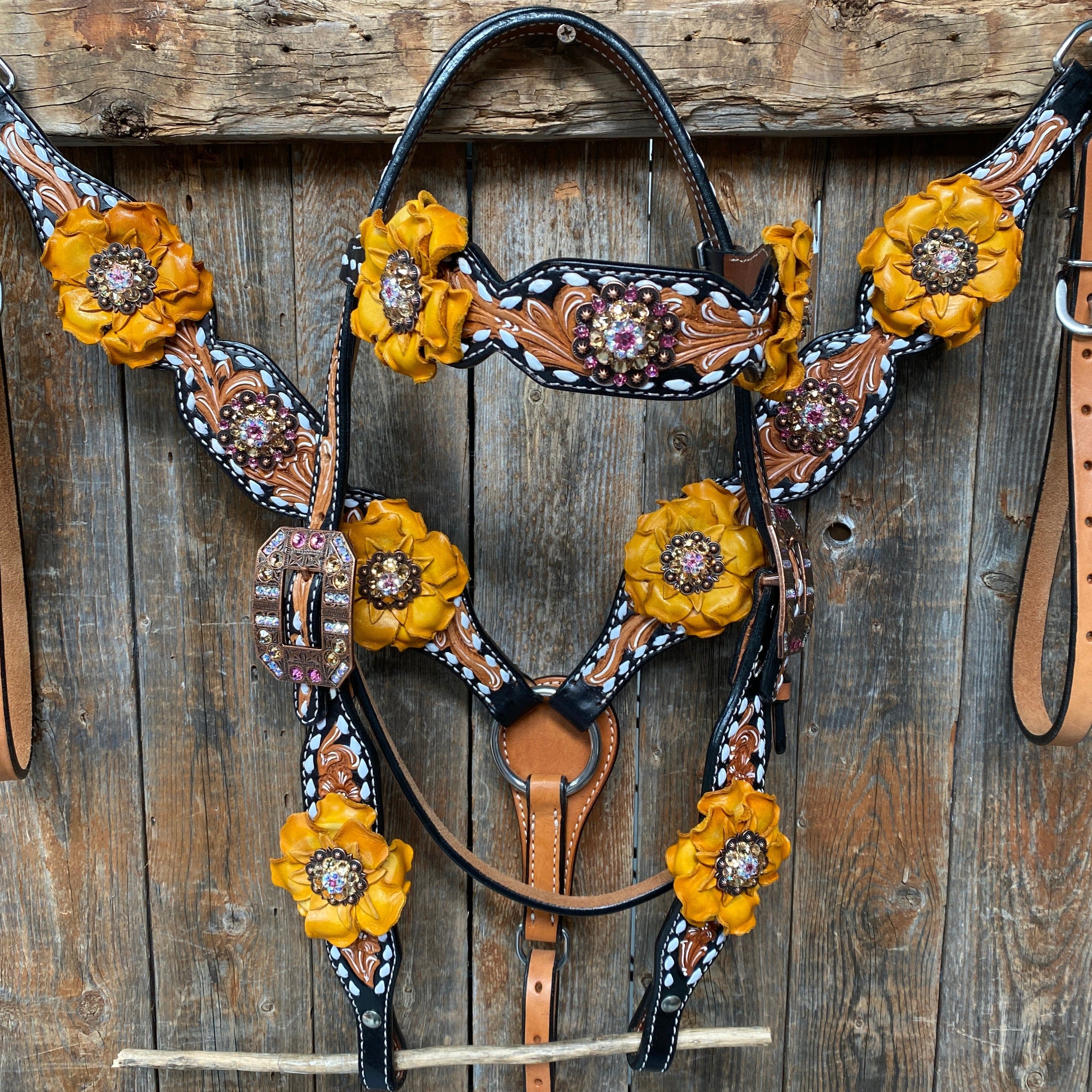 Classic Yellow and Pink Browband/One Ear Tack Set with Wither Strap #BBBC464 - RODEO DRIVE