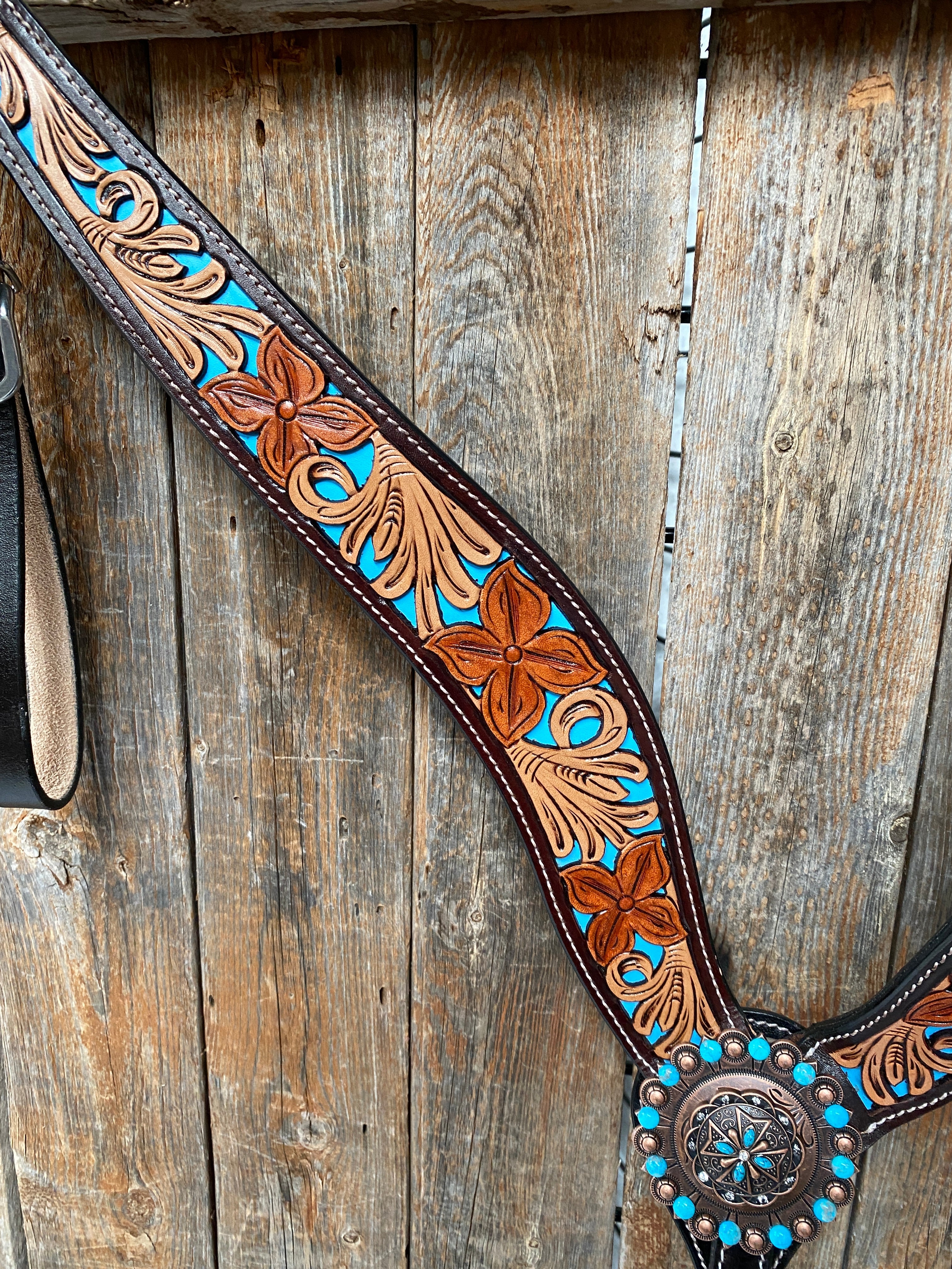 Blue Inlay Turquoise and Crystal Browband & Breastcollar Tack Set #BBBC473 - RODEO DRIVE