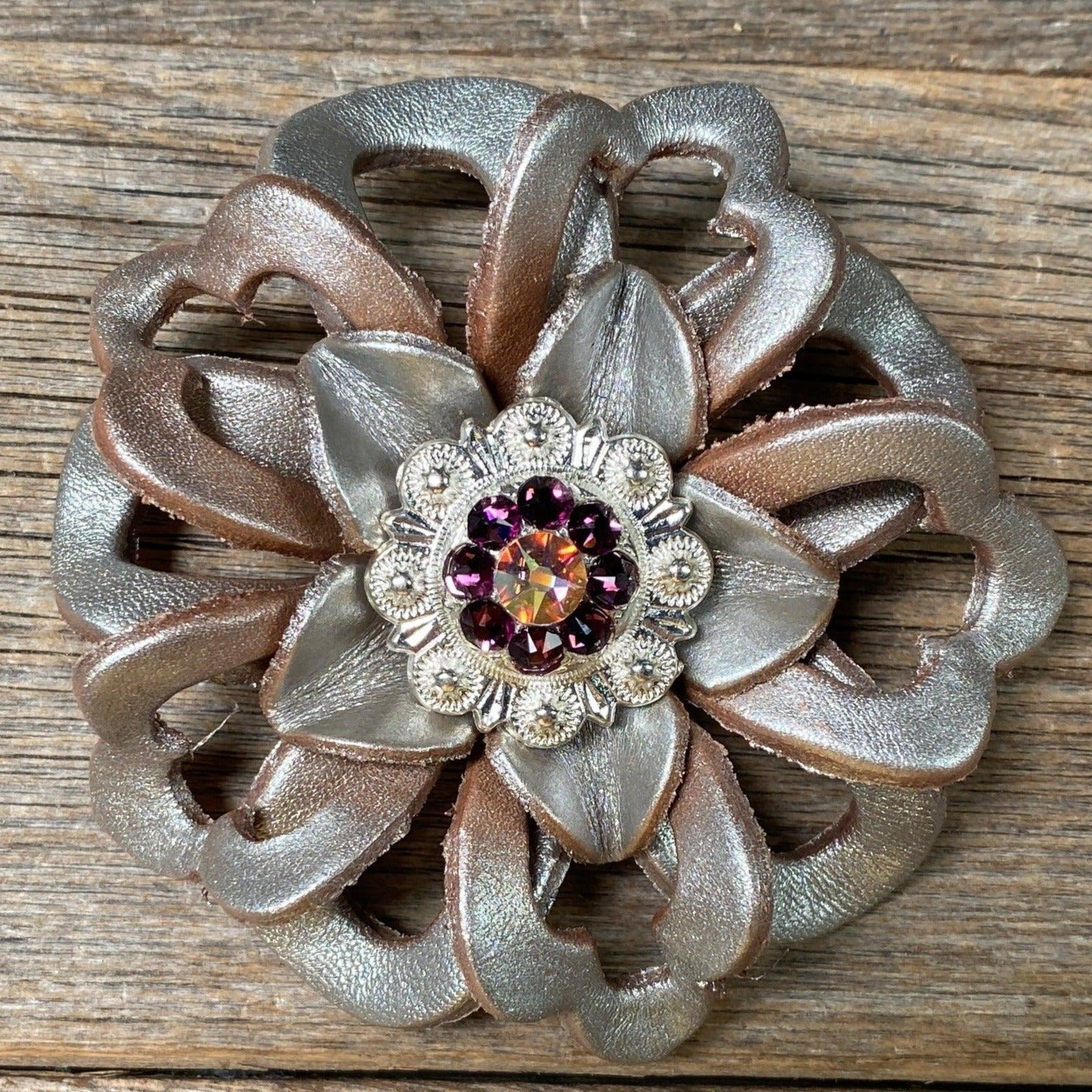 Silver Lotus Flower With Bright Silver Amethyst & AB 1" Concho - RODEO DRIVE