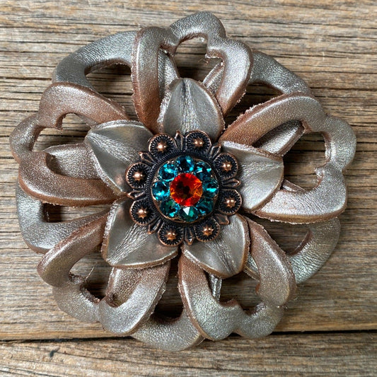 Silver Lotus Flower With Copper Fire Opal & Teal 1" Concho - RODEO DRIVE