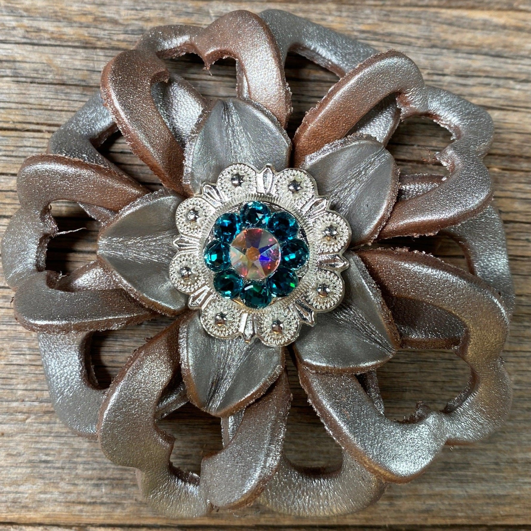 Silver Lotus Flower With Bright Silver Teal & AB 1" Concho - RODEO DRIVE
