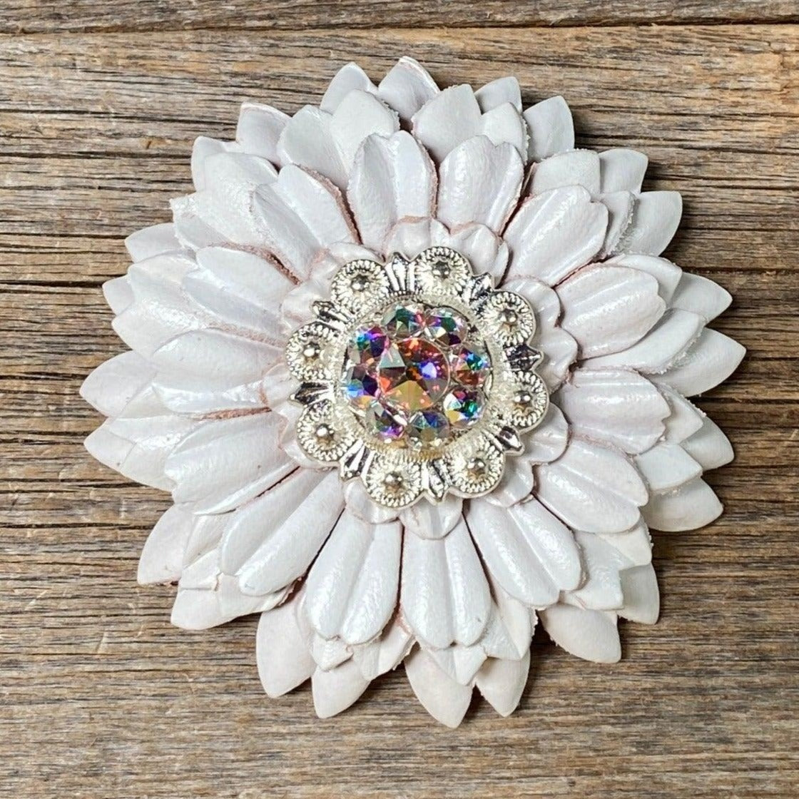 White Daisy Flower With Bright Silver AB 1" Concho - RODEO DRIVE