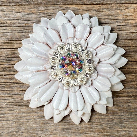 White Daisy Flower With Bright Silver AB 1" Concho - RODEO DRIVE