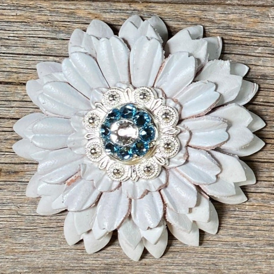 White Daisy Flower With Bright Silver Aqua & Clear 1" Concho - RODEO DRIVE