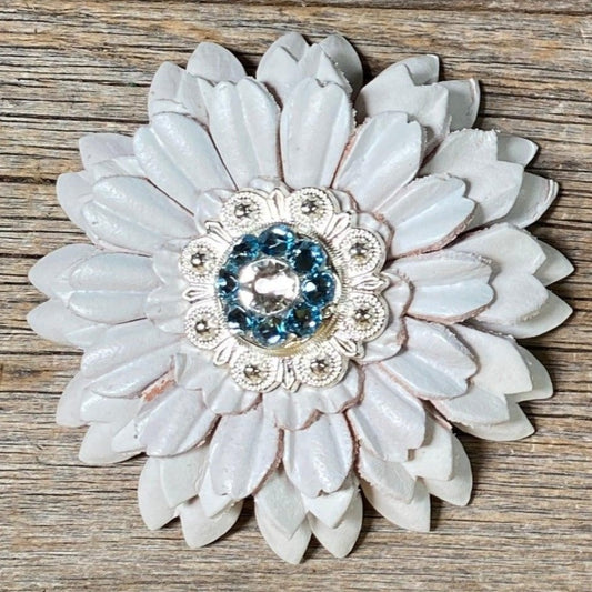 White Daisy Flower With Bright Silver Aqua & Clear 1" Concho - RODEO DRIVE