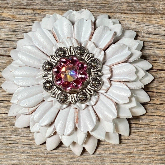 White Daisy Flower With Antique Silver Pink & AB 1" Concho - RODEO DRIVE