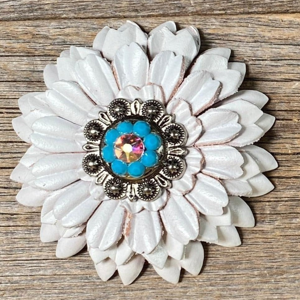 White Daisy Flower With Antique Silver Turquoise & AB 1" Concho - RODEO DRIVE