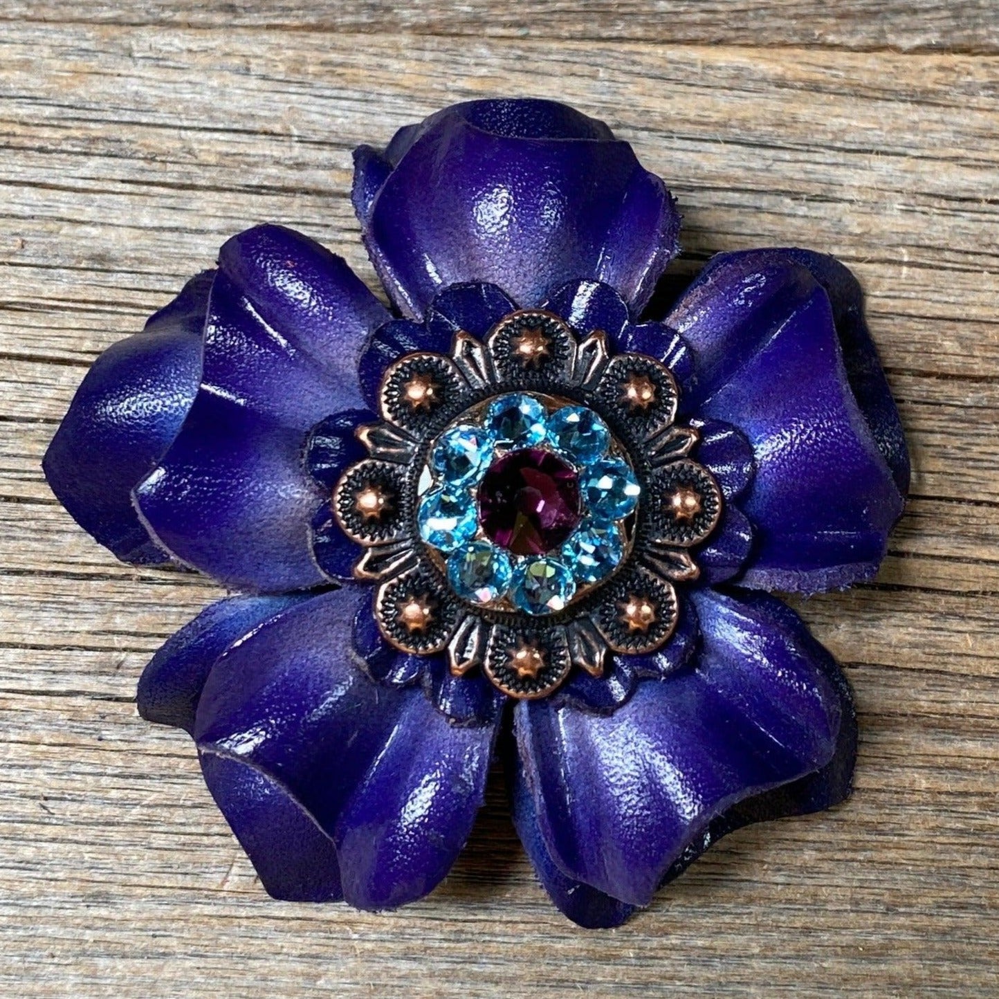 Blue Carnation Flower With Copper Amethyst & Aqua 1" Concho - RODEO DRIVE