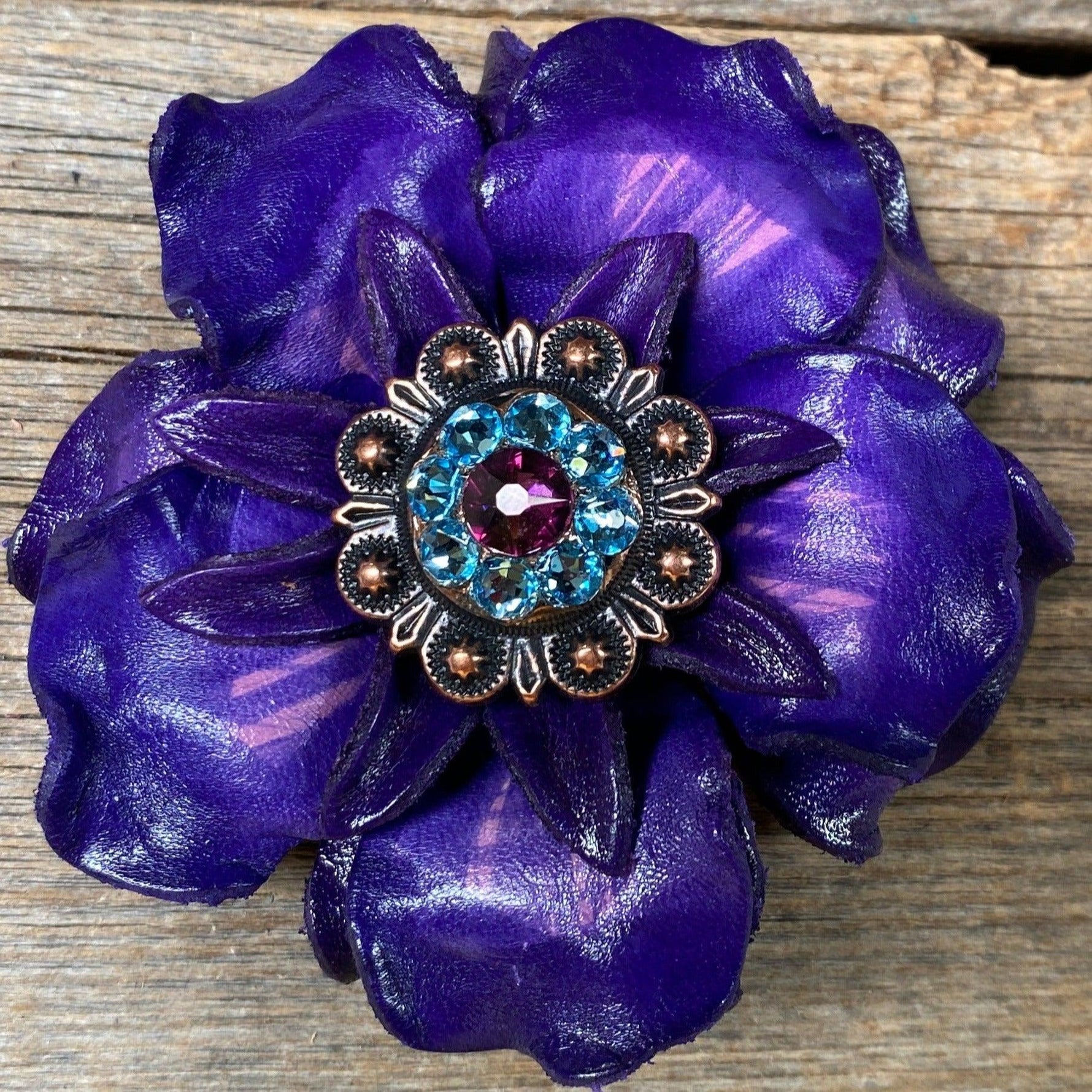 Purple Gardenia Flower With Copper Amethyst & Aqua 1" Concho - RODEO DRIVE