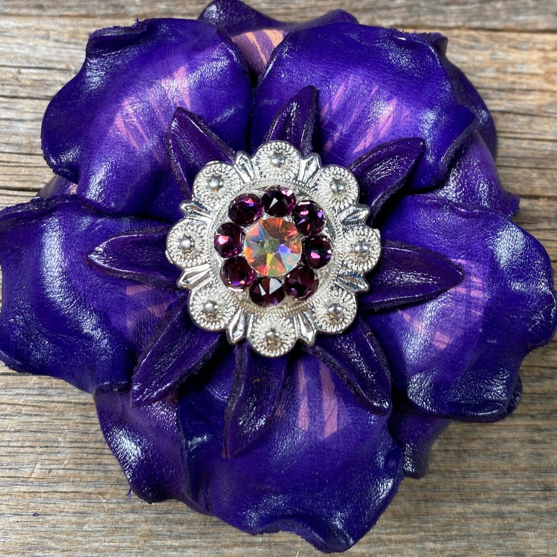 Purple Gardenia Flower With Bright Silver Amethyst & AB 1" Concho - RODEO DRIVE