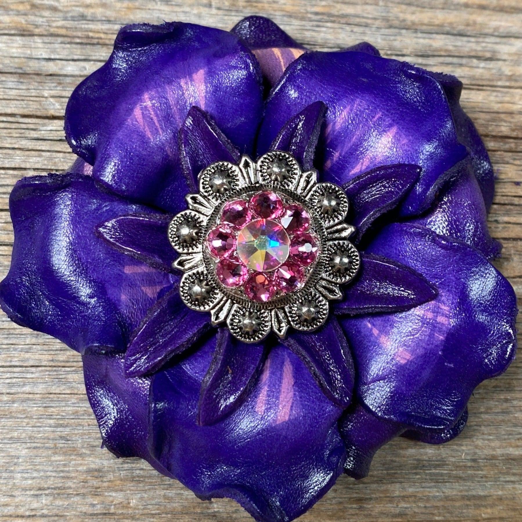 Purple Gardenia Flower With Antique Silver Pink & AB 1" Concho - RODEO DRIVE