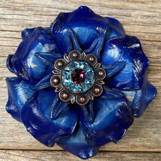 Blue Gardenia Flower With Copper Amethyst & Aqua 1" Concho - RODEO DRIVE