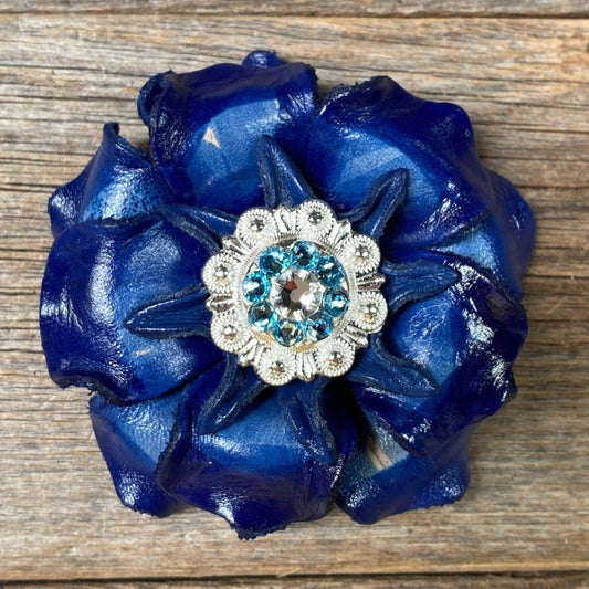 Blue Gardenia Flower With Bright Silver Aqua & Clear 1" Concho - RODEO DRIVE