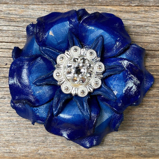 Blue Gardenia Flower With Bright Silver Clear 1" Concho - RODEO DRIVE