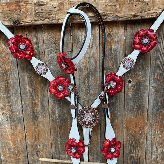 White Leather AB and Gardenias One Ear Tack Set with Wither Strap #OEBC475 - RODEO DRIVE