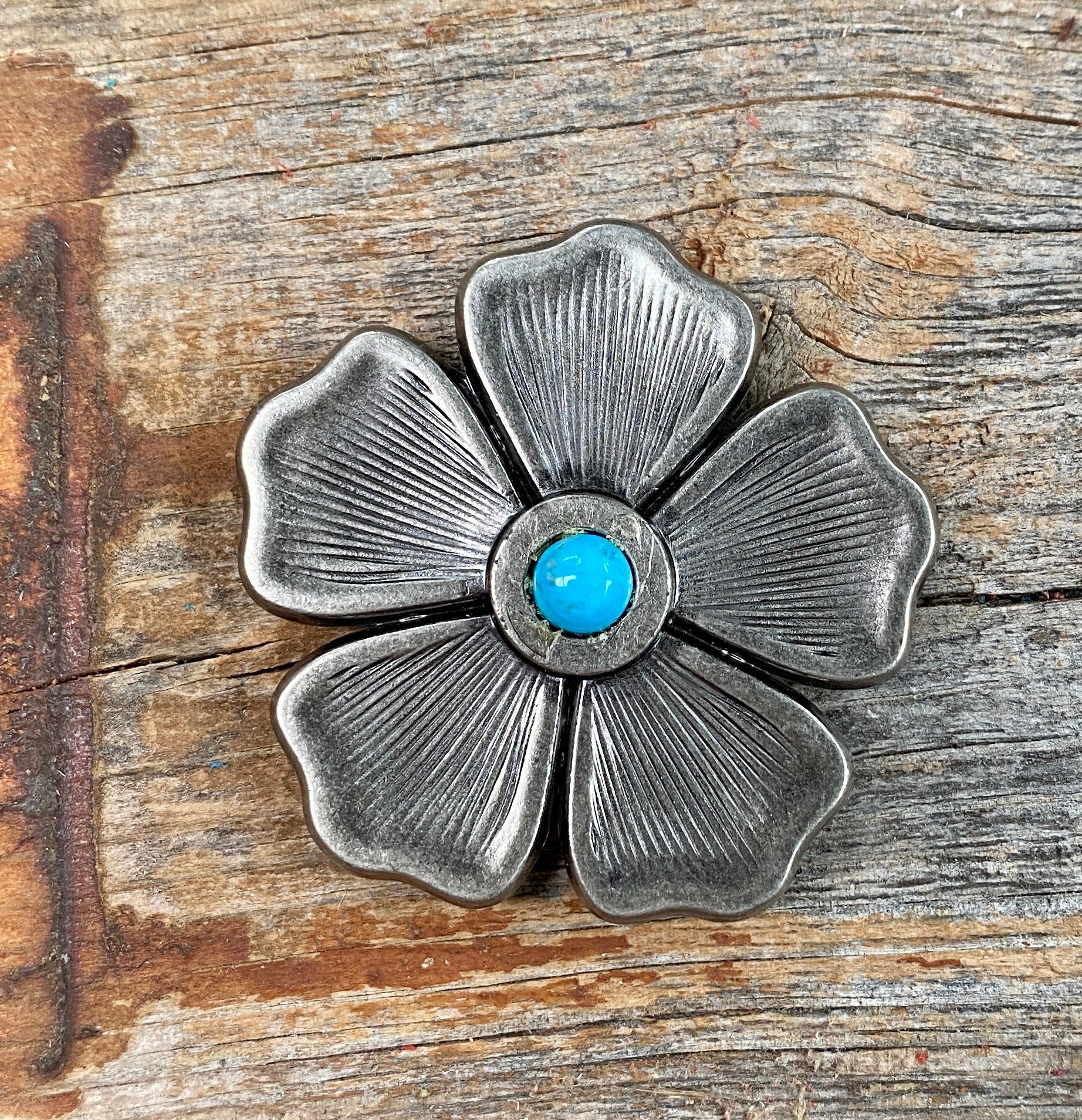 Antique Silver Flower Turquoise Concho 1.5" W110S - RODEO DRIVE