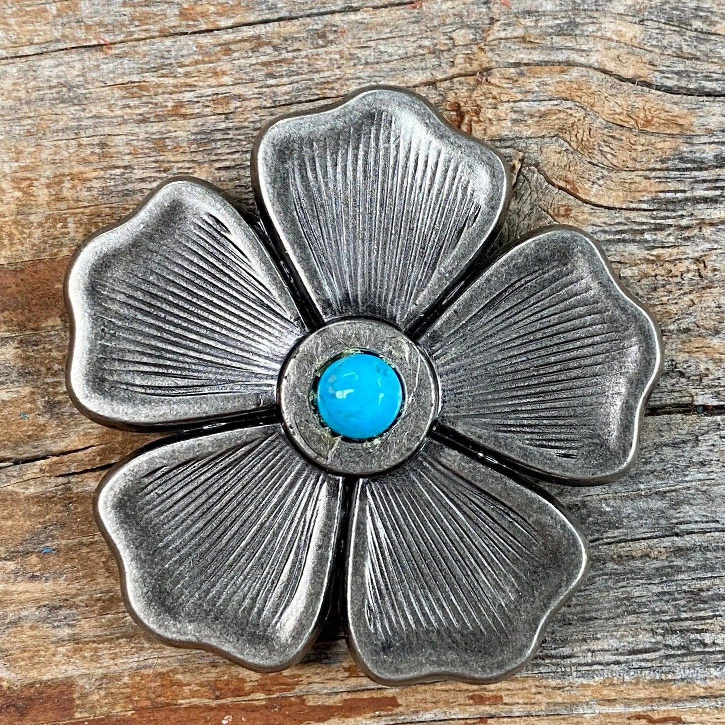 Antique Silver Flower Turquoise Concho 2