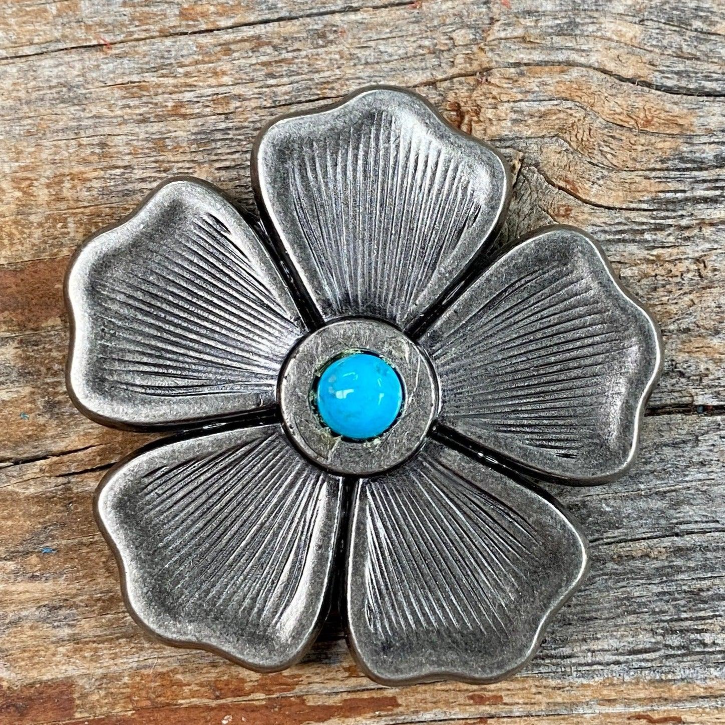 Antique Silver Flower Turquoise Concho 2" W110L - RODEO DRIVE