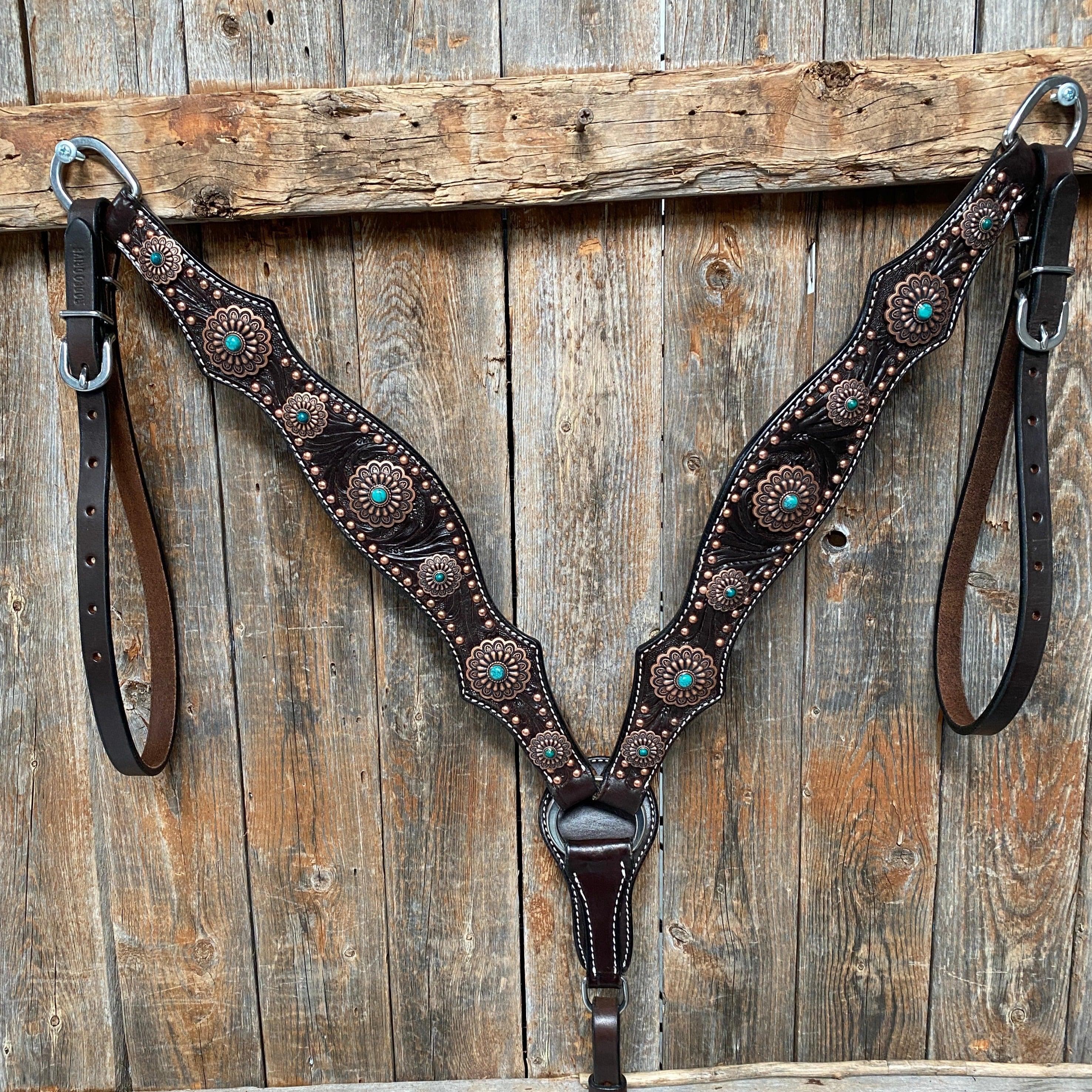 Dark Oil Copper Dot Floral with Turquoise Browband/One Ear Tack Set #BBBC476 - RODEO DRIVE