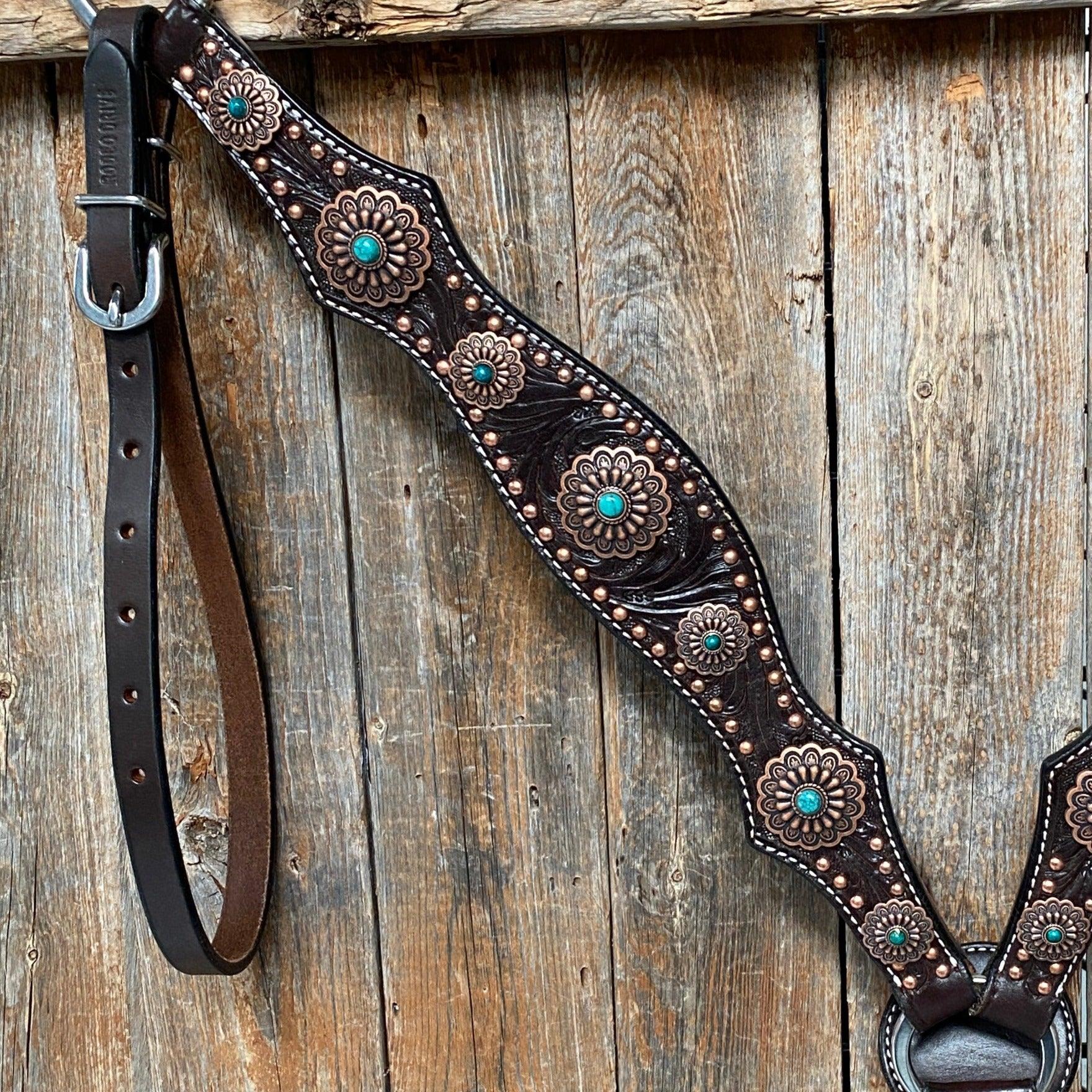 Dark Oil Copper Dot Floral with Turquoise Browband/One Ear Tack Set #BBBC476 - RODEO DRIVE