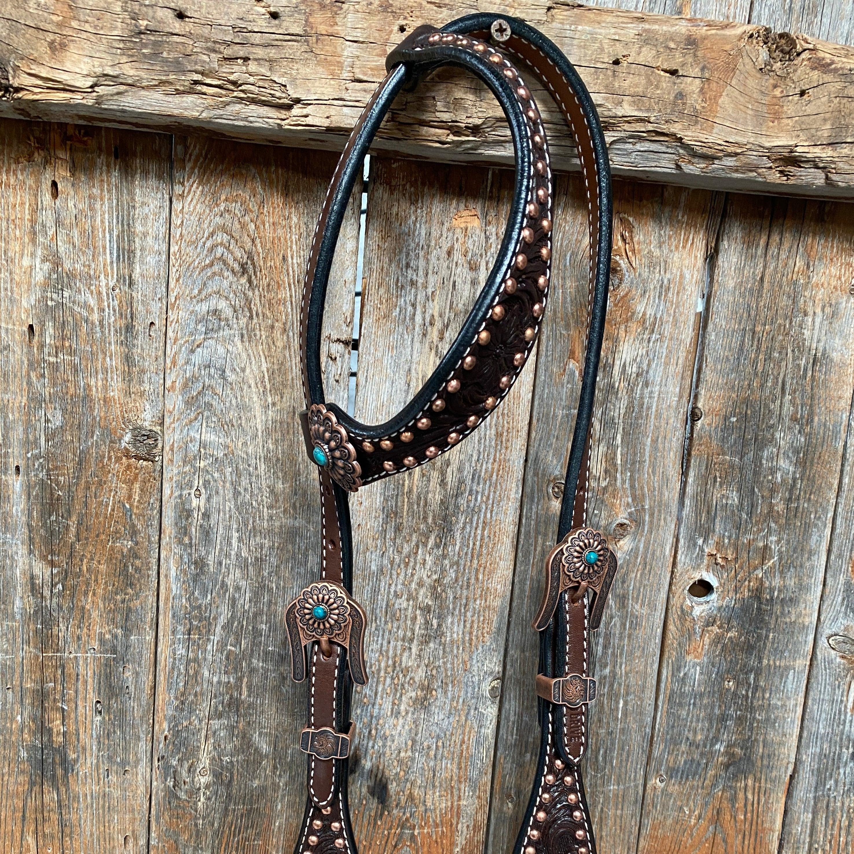 Dark Oil Copper Dot Floral with Turquoise Browband/One Ear Tack Set #BBBC476 - RODEO DRIVE