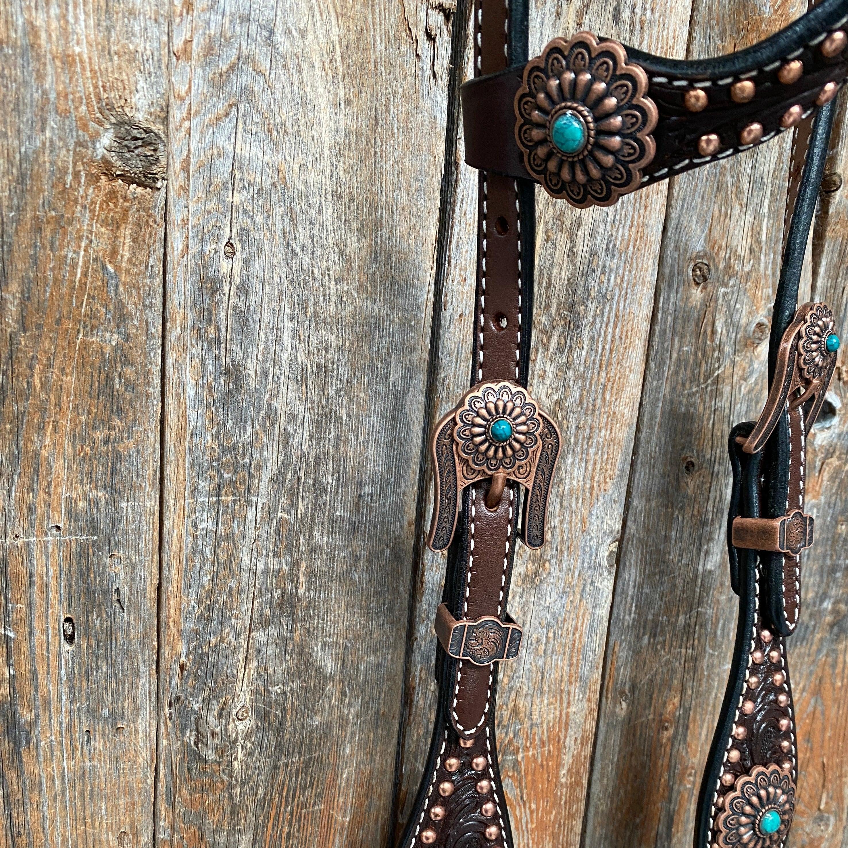 Dark Oil Copper Dot Floral with Turquoise Browband/One Ear Tack Set #BBBC476 - RODEO DRIVE