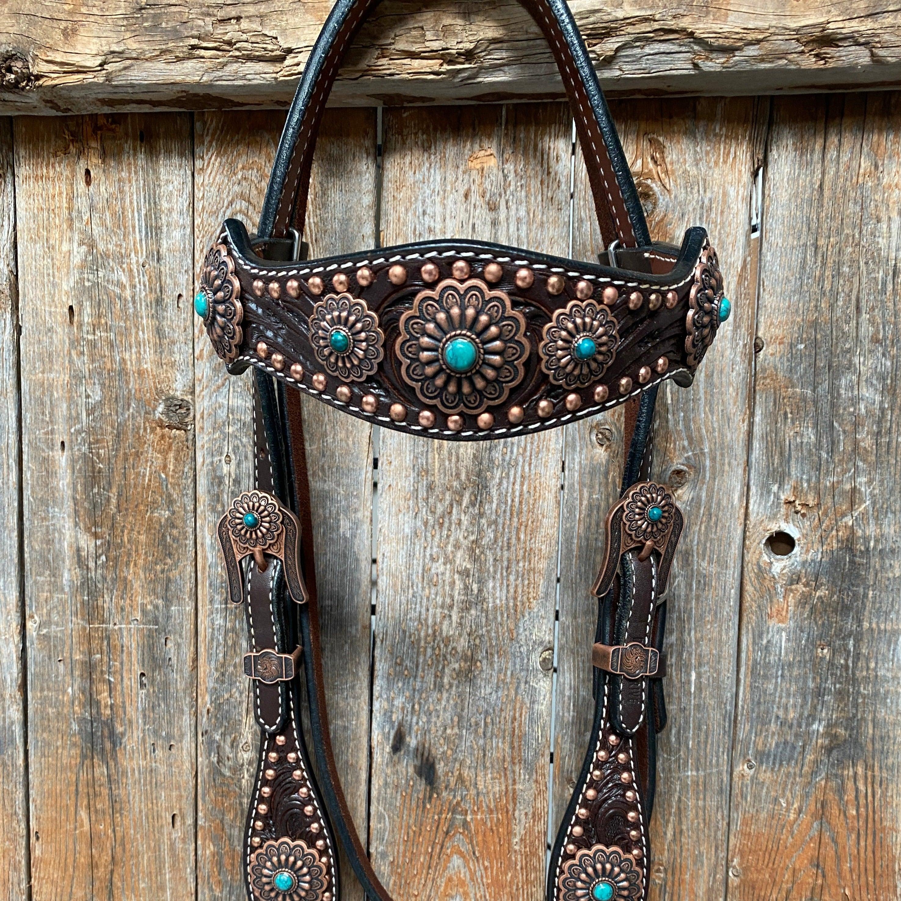 Dark Oil Copper Dot Floral with Turquoise Browband/One Ear Tack Set #BBBC476 - RODEO DRIVE
