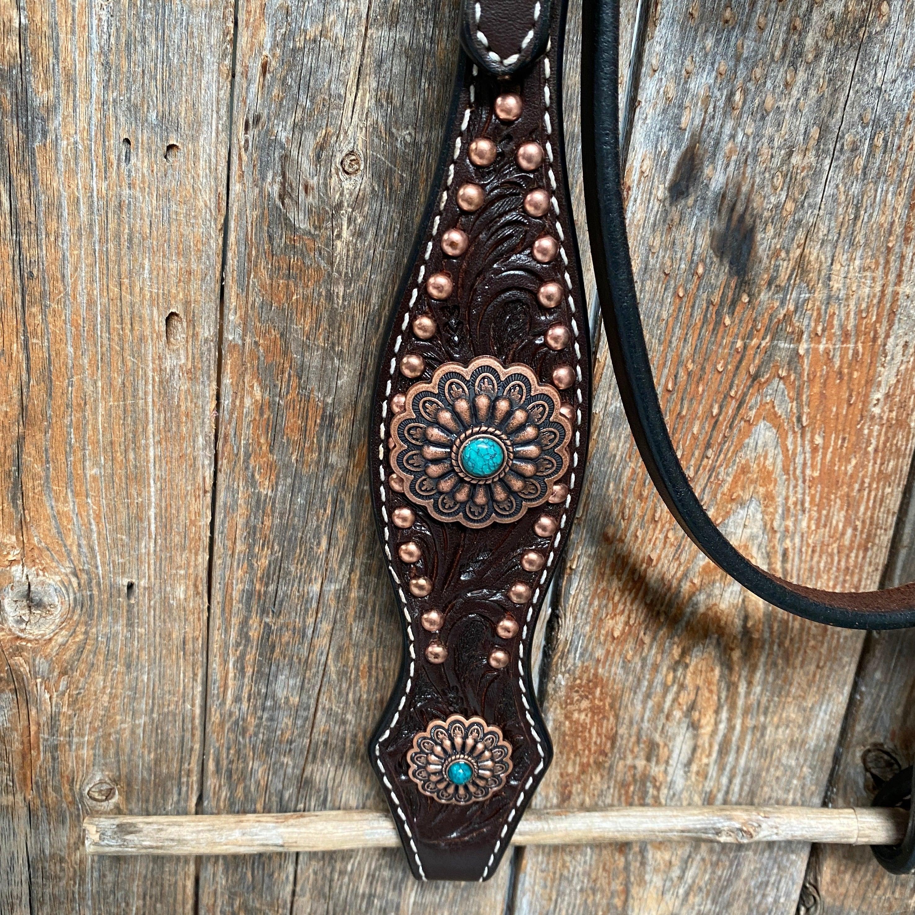 Dark Oil Copper Dot Floral with Turquoise Browband/One Ear Tack Set #BBBC476 - RODEO DRIVE