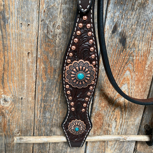 Dark Oil Copper Dot Floral with Turquoise Browband/One Ear Tack Set #BBBC476 - RODEO DRIVE