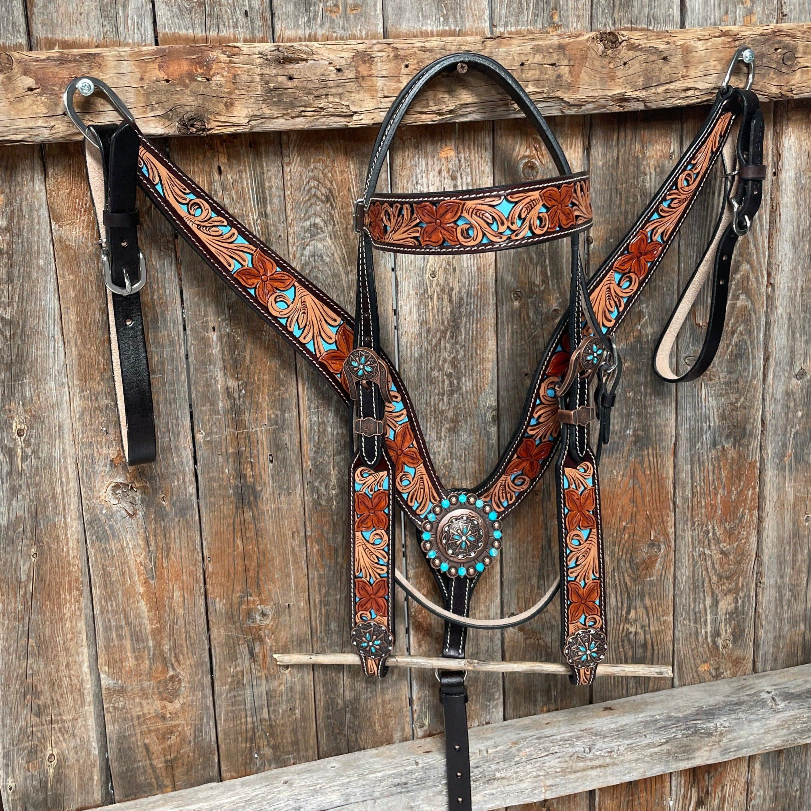 Blue Inlay Turquoise and Crystal Browband & Breastcollar Tack Set #BBBC473 - RODEO DRIVE