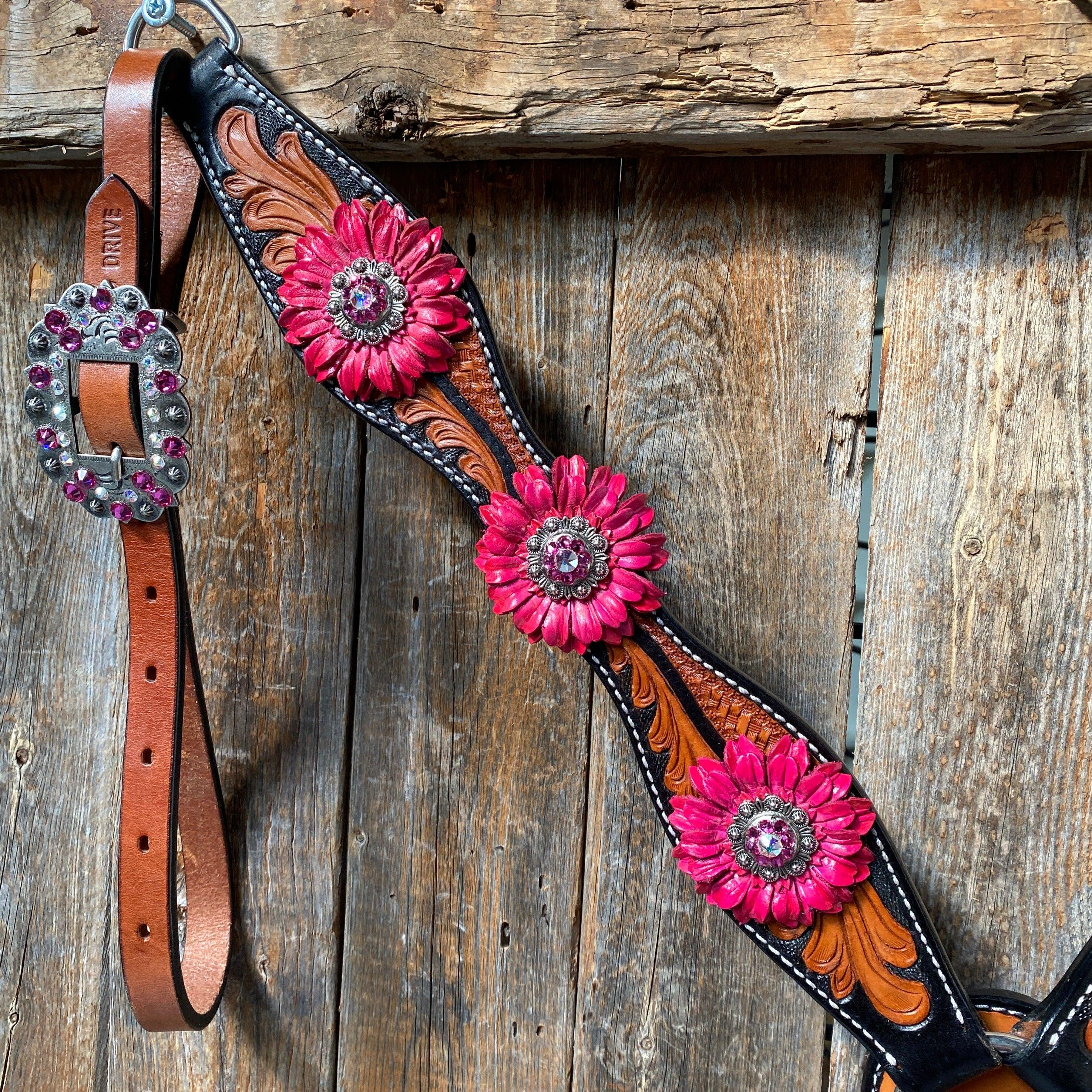 Leaf Scalloped Two Tone Pink Daisy One Ear Headstall / Bridle & Breastcollar Set #OEBC410 - RODEO DRIVE