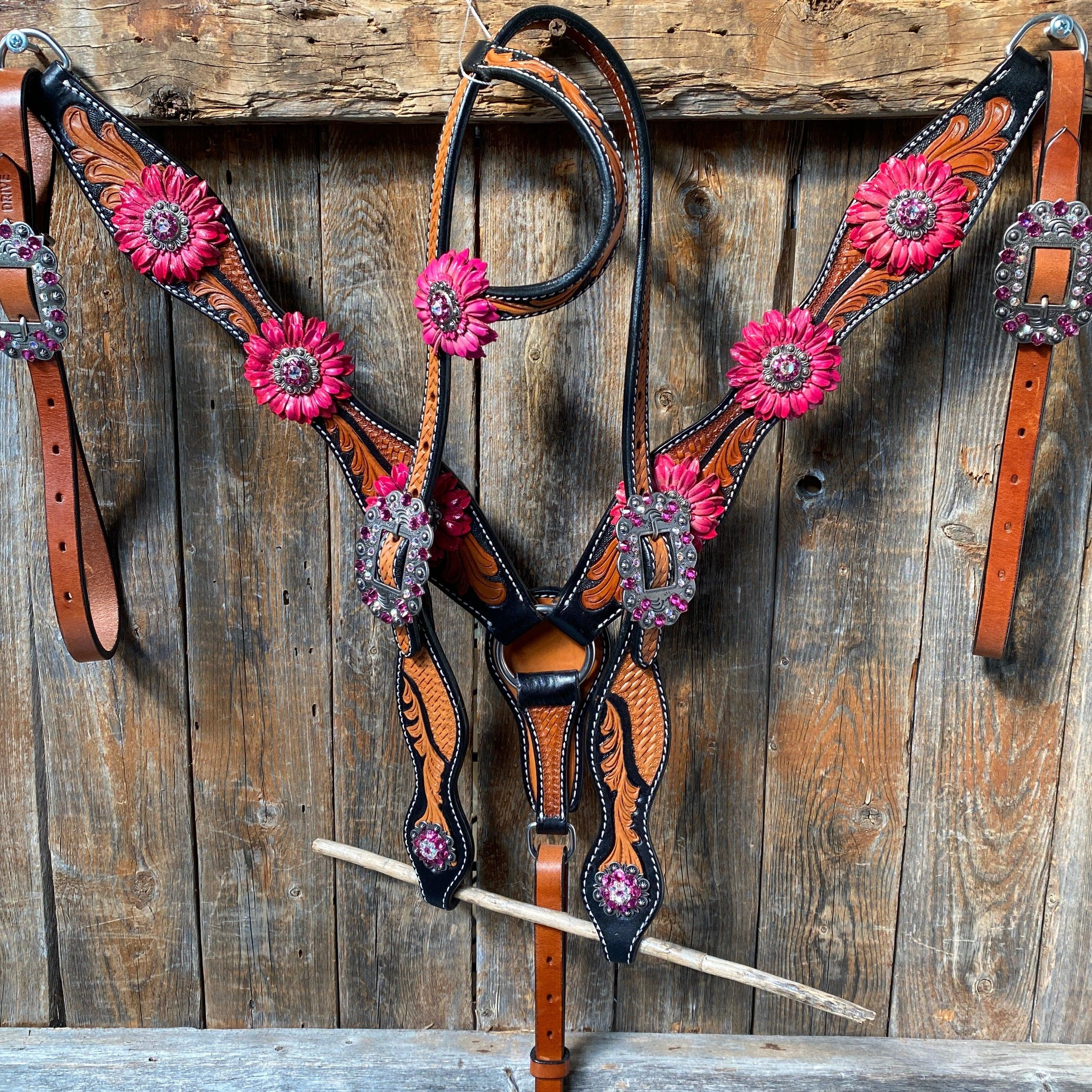 Leaf Scalloped Two Tone Pink Daisy One Ear Headstall / Bridle & Breastcollar Set #OEBC410 - RODEO DRIVE