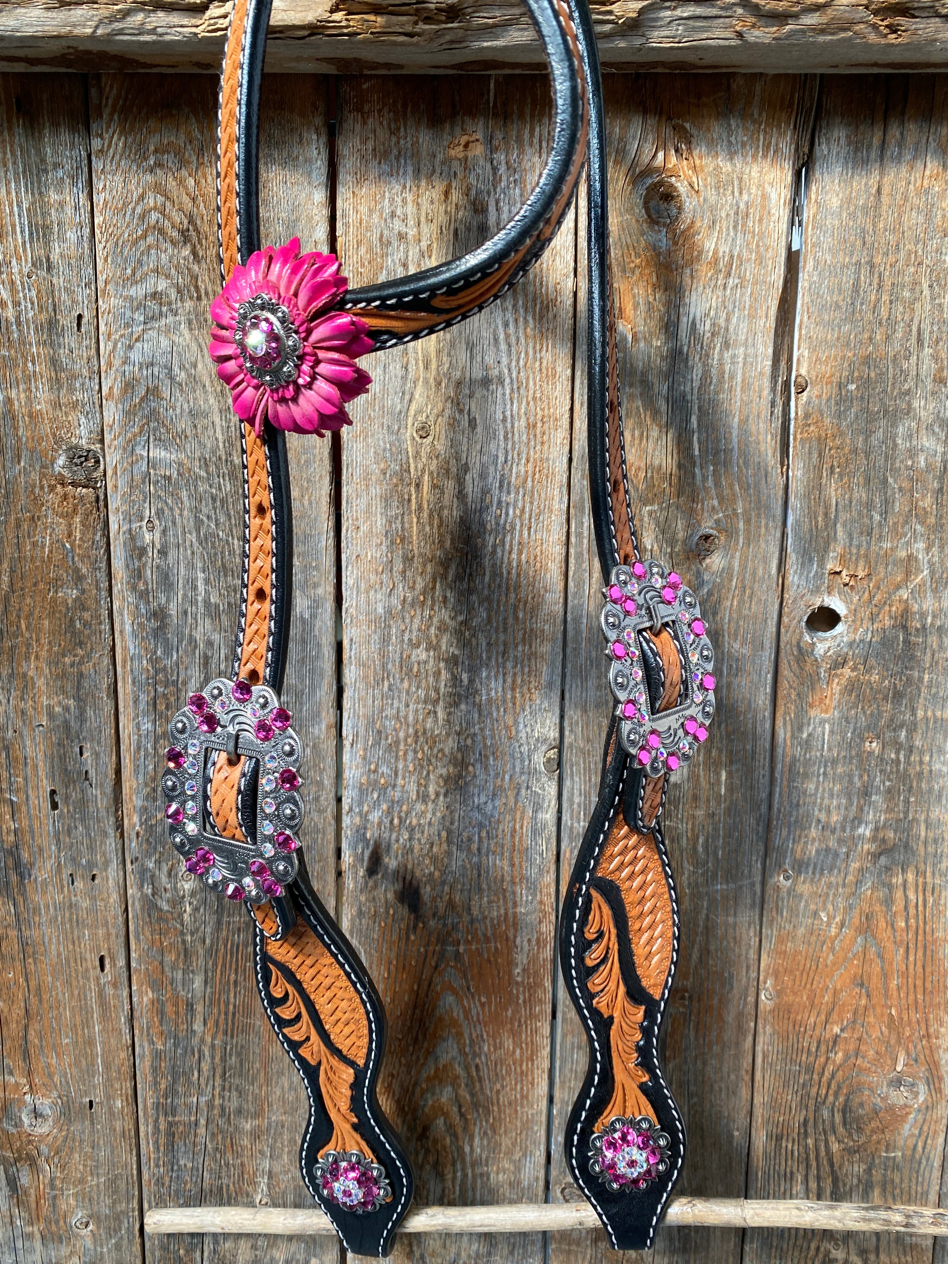 Leaf Scalloped Two Tone Pink Daisy One Ear Headstall / Bridle & Breastcollar Set #OEBC410 - RODEO DRIVE