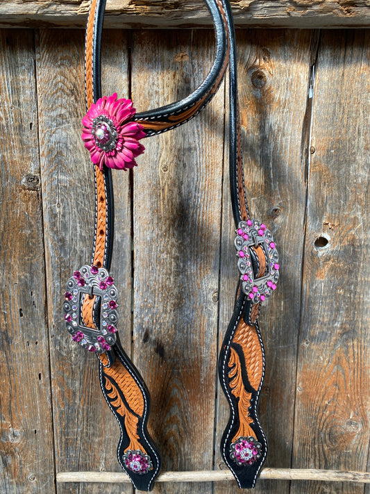 Leaf Scalloped Two Tone Pink Daisy One Ear Headstall / Bridle & Breastcollar Set #OEBC410 - RODEO DRIVE