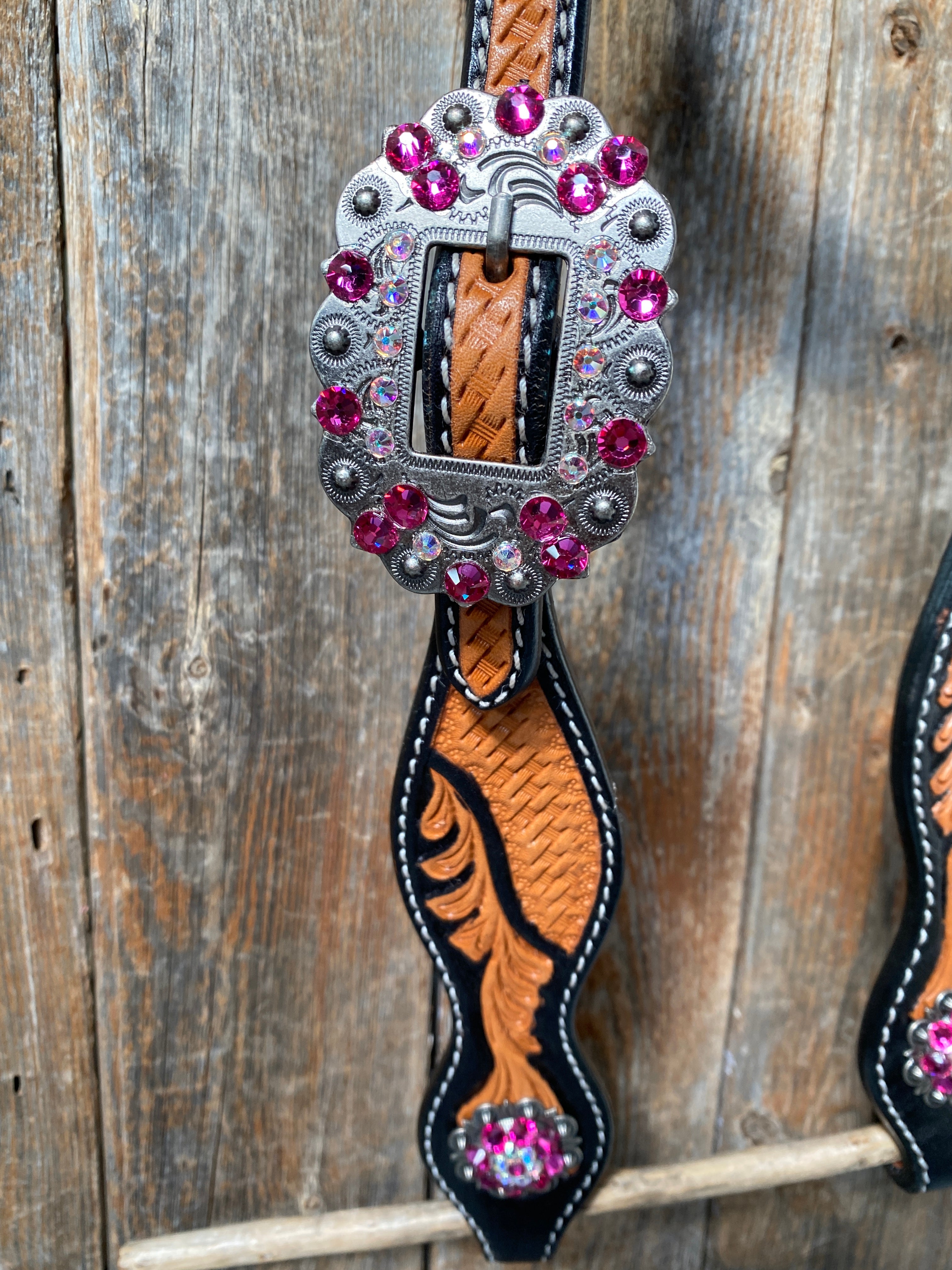 Leaf Scalloped Two Tone Pink Daisy One Ear Headstall / Bridle & Breastcollar Set #OEBC410 - RODEO DRIVE