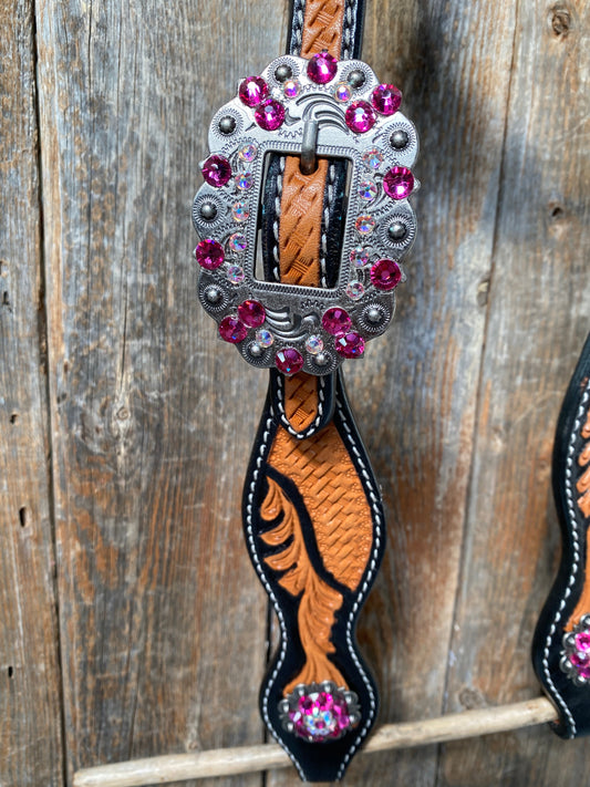 Leaf Scalloped Two Tone Pink Daisy One Ear Headstall / Bridle & Breastcollar Set #OEBC410 - RODEO DRIVE