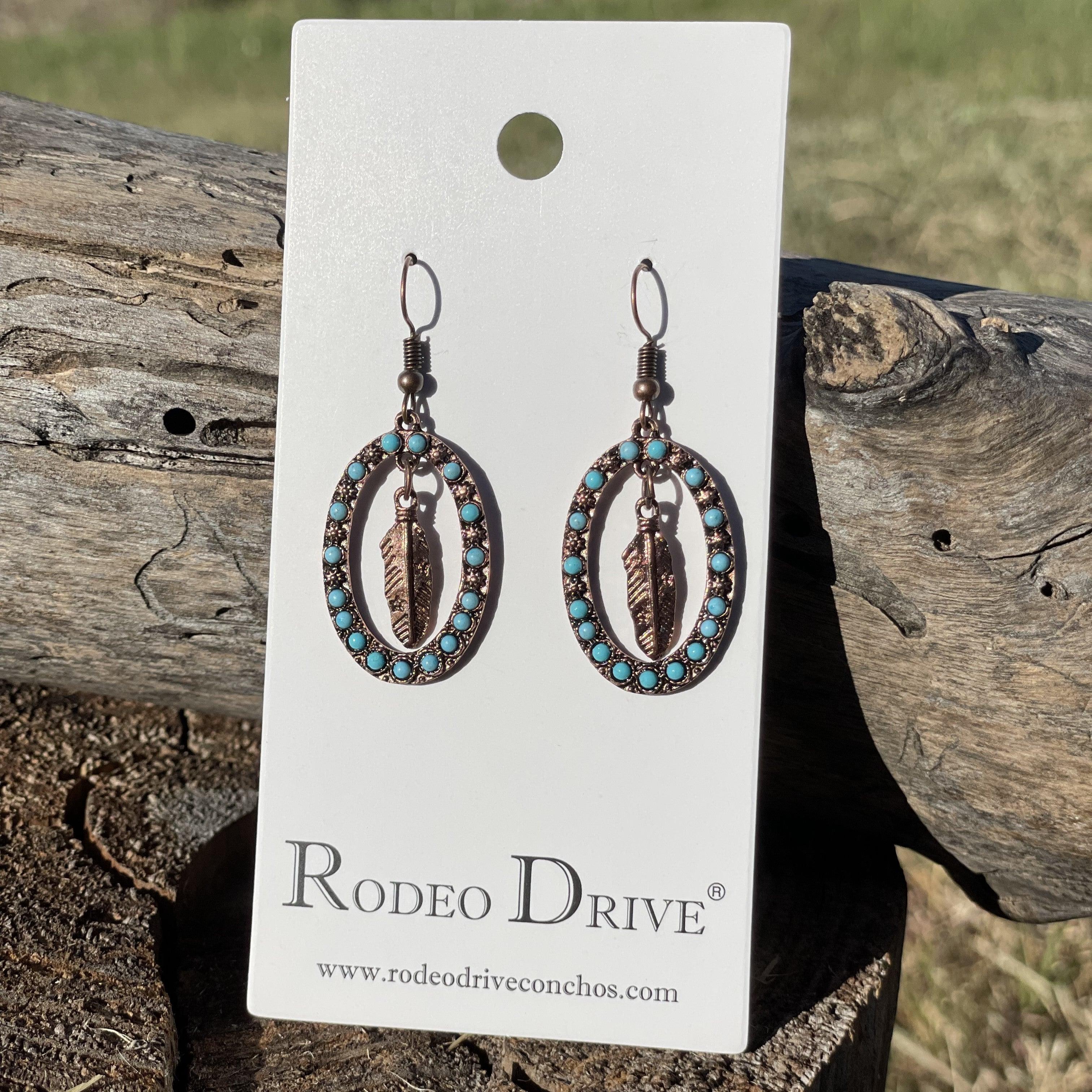 Feather and Turquoise Dangling Copper Fashion Earrings WA175 - RODEO DRIVE