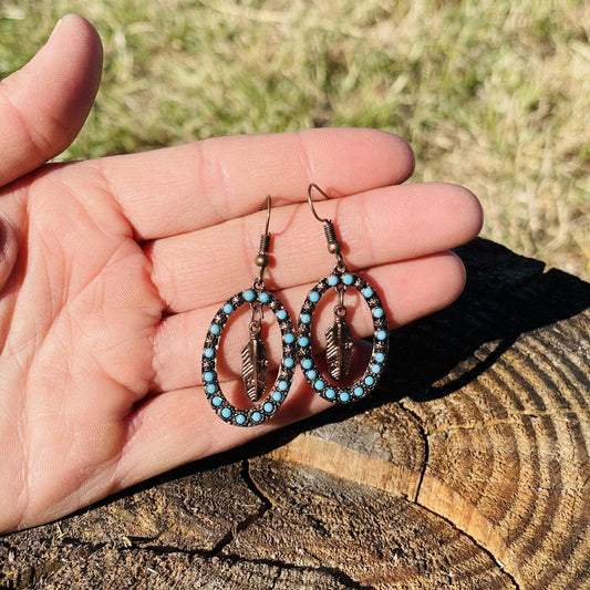 Feather and Turquoise Dangling Copper Fashion Earrings WA175 - RODEO DRIVE