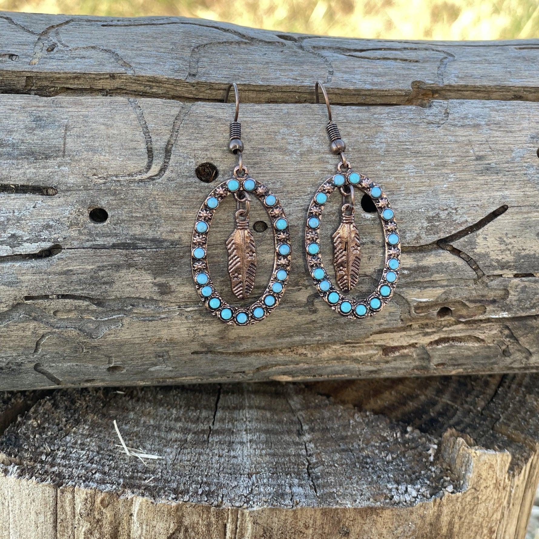 Feather and Turquoise Dangling Copper Fashion Earrings WA175 - RODEO DRIVE