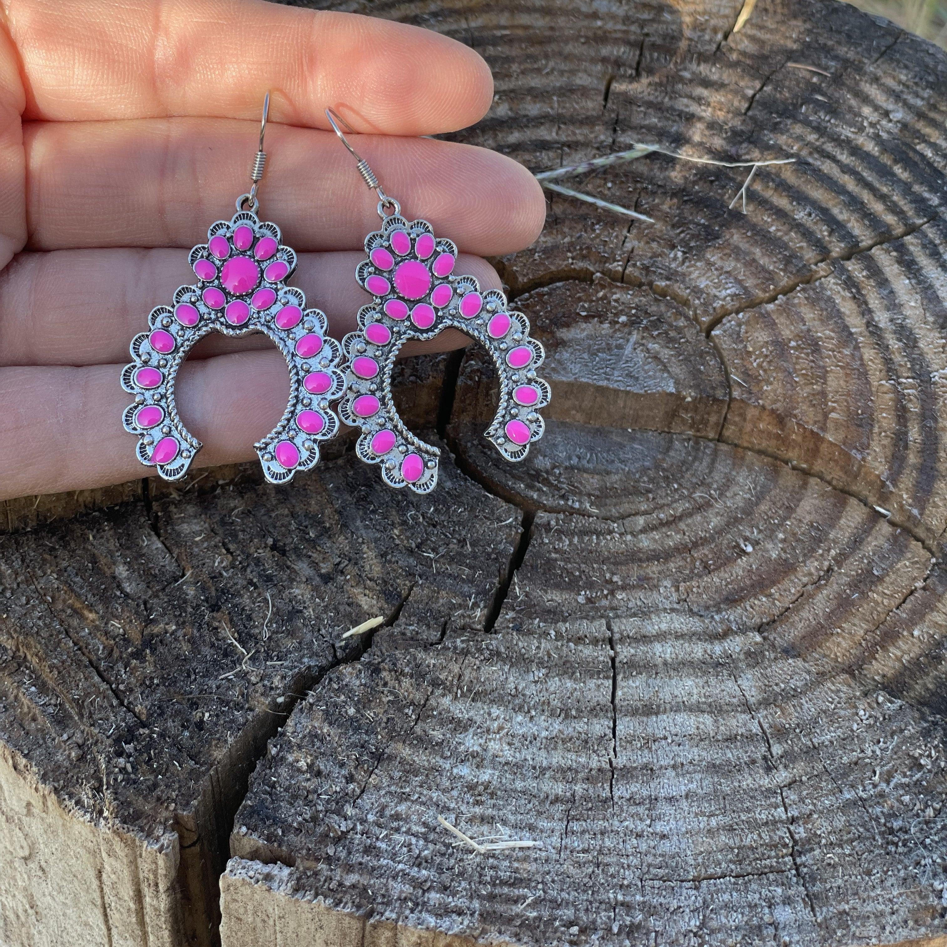 Pink Dangle Silver Squash Blossom Fashion Earrings WA194 - RODEO DRIVE