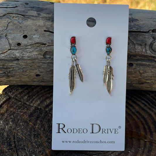 Silver Turquoise & Feather Dangle Fashion Earrings WA186 - RODEO DRIVE