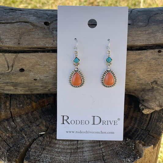 Turquoise and Coral Dangle Silver Fashion Earrings WA204 - RODEO DRIVE