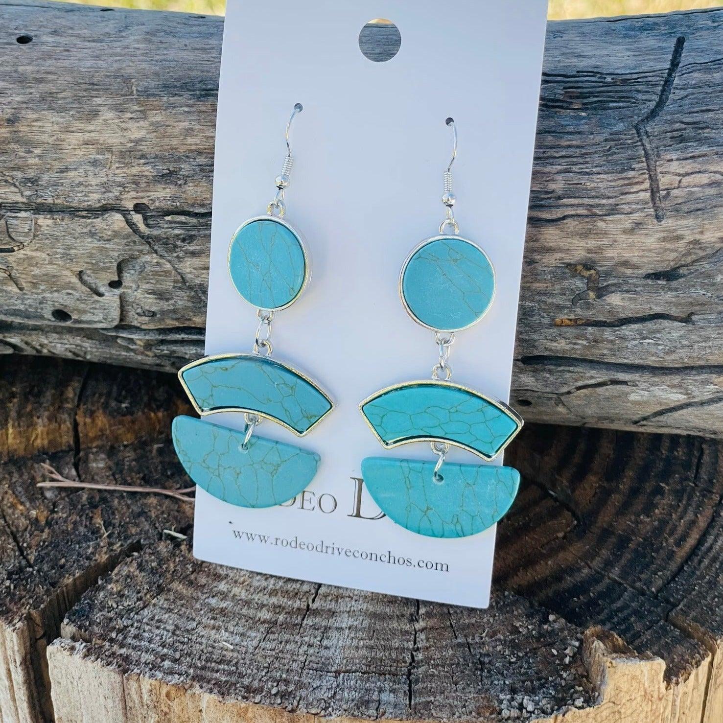 Chunky Turquoise Dangle Silver Fashion Earrings WA179 - RODEO DRIVE