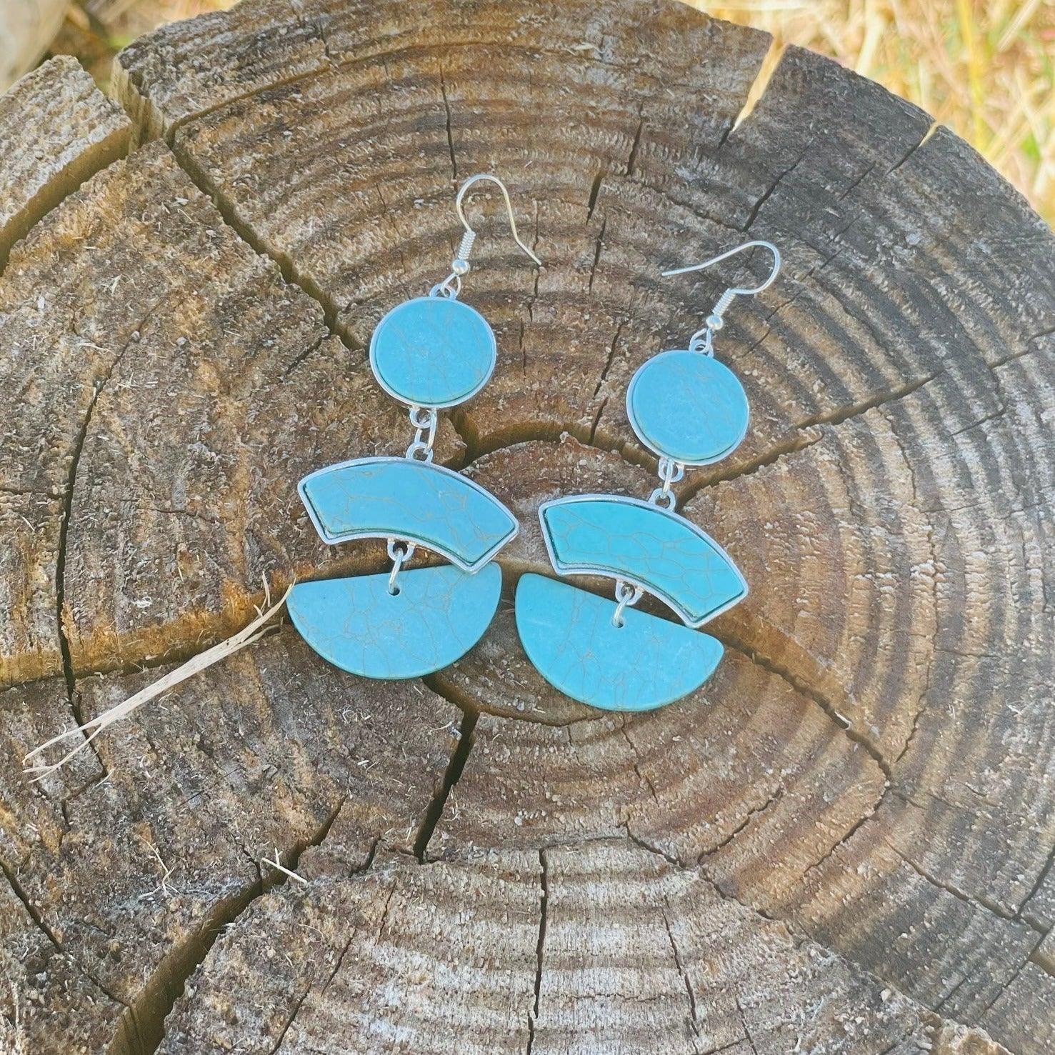 Chunky Turquoise Dangle Silver Fashion Earrings WA179 - RODEO DRIVE