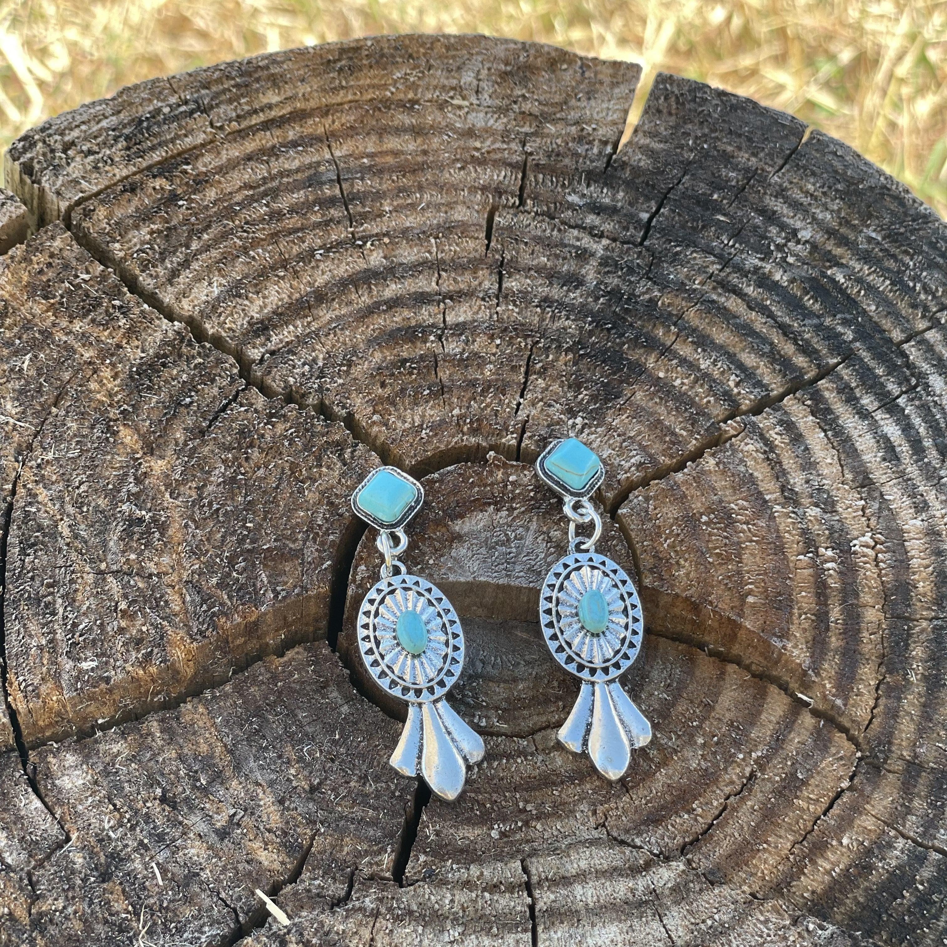 Squash Blossom Style Turquoise Dangle Fashion Earrings WA170 - RODEO DRIVE