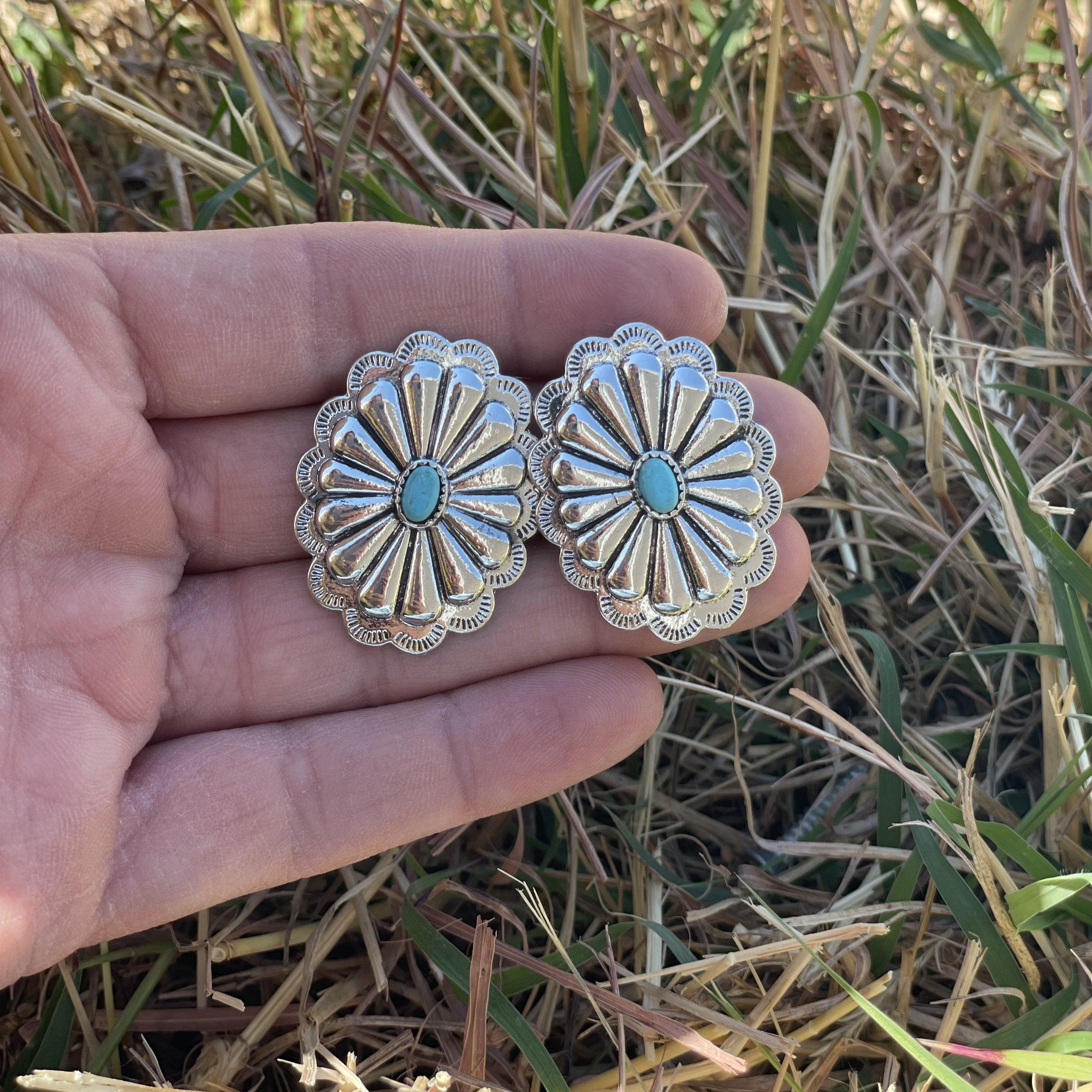 Concho Style Turquoise Silver Fashion Earrings WA202 - RODEO DRIVE